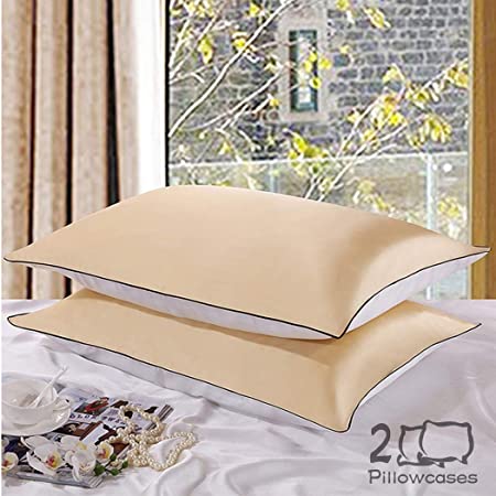 MYJZY Silk Pillowcase for Hair and Skin,2 Pack Hypoallergenic Satin Pillowcase for Hair Positive Mulberry Silk Pillow Cases Covers Nvelope Closure,Goldenblackedge