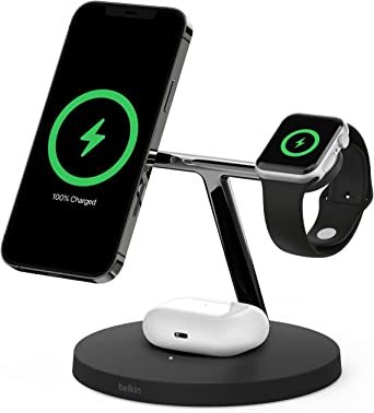 Belkin MagSafe 3-in-1 Wireless Charger, 15W iPhone Fast Charging, Apple Watch Fast Charging, AirPods Charging Station for iPhone 13, 12, Pro, Pro Max, Mini, AppleWatch Series 7,6,5,4,SE AirPods Black