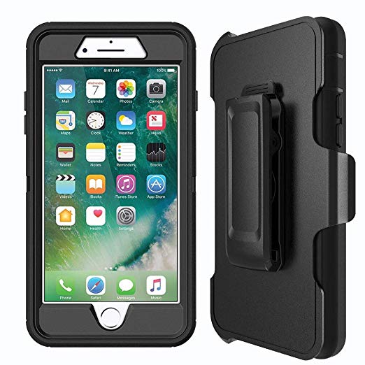 MBLAI Defender Case for iPhone 7 Plus, iPhone 8 Plus Case with Belt Clip(ONLY). Kickstand, Holster, Heavy Duty, Built in Screen Protector - Retail Packaging-Black