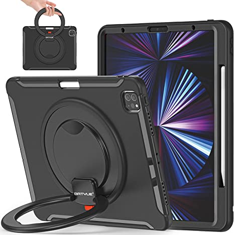 BATYUE iPad Pro 12.9 Case 2021,Rugged Case for iPad Pro 12.9 5th Gen [Full-Body] [Shock Proof] with 360° Swivel Stand/ Handle Grip/ Wireless Apple Pencil Charging/ Pencil Holder (Black)