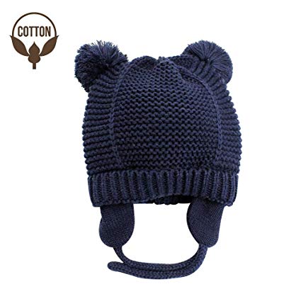 BAVST Kids Toddler Knit Beanie Hat for Winter with Earfalp Cute Pom Pom Cap for 0-3 Years Girls Boys