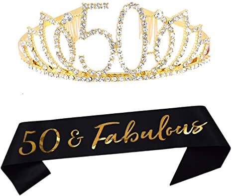 50th Birthday Tiara and Sash Happy 50th Birthday Party Supplies 50 Fabulous Black Glitter Satin Sash and Crystal Tiara Princess Birthday Crown for Women 50th Birthday Party Decorations