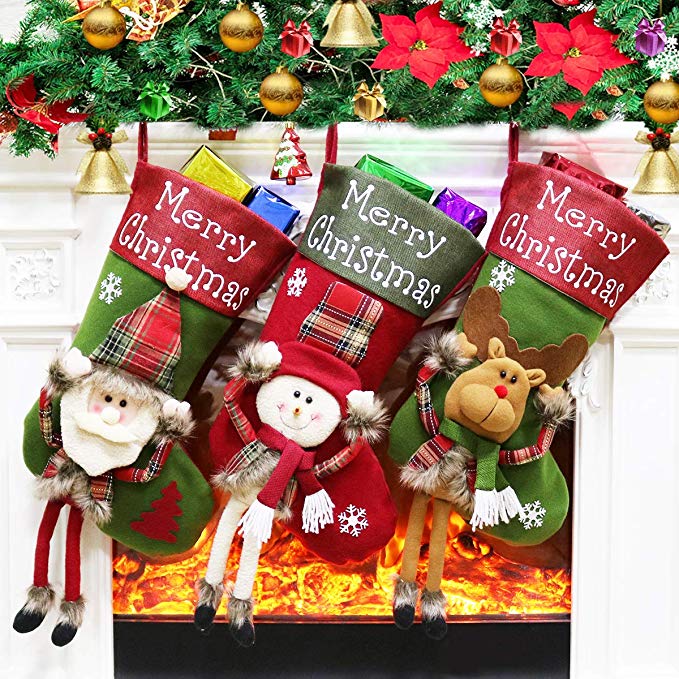 Dreampark Christmas Stockings, Big Xmas Stockings Decoration - 18" Santa Snowman Reindeer Stocking for Home Decor Set of 3