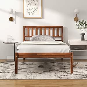 Giantex Wood Twin Bed Frame with Headboard, Mid Century Platform Bed with Wood Slat Support, Solid Wood Foundation, 12 Inch Height for Under Bed Storage, Easy Assemble, Walnut