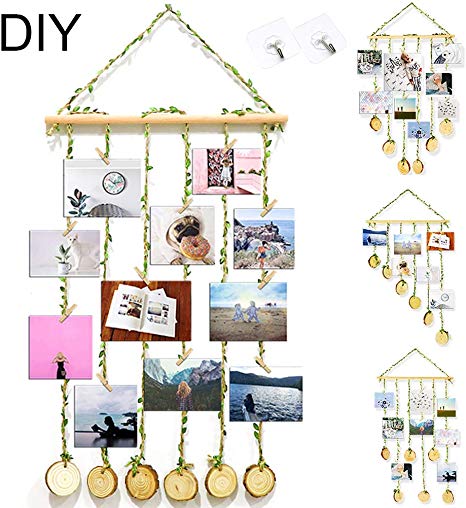 ZALALOVA Hanging Photo Display, DIY Pictures Organizer with 25Pcs Wooden Clips 2 Hooks and Adjustable Hemp Rope Home Party Decor Photo Frame for Hanging Photos Artwork Notes
