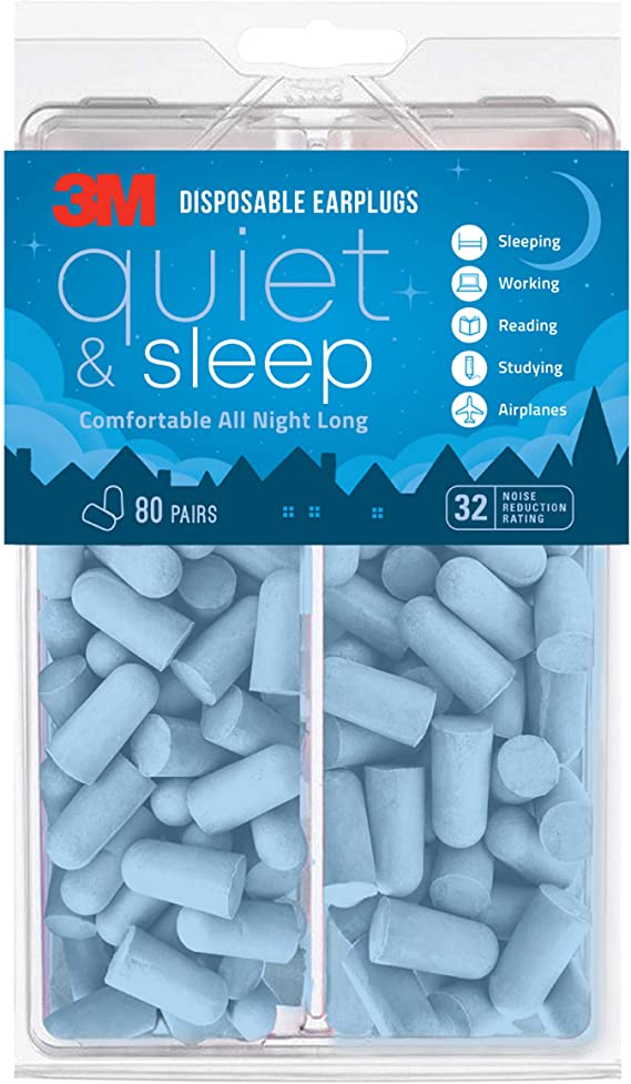 3M Disposable Earplugs, Hearing Protection for Quiet & Sleep, Light Blue, 32 NRR, 80 pairs in resealable package