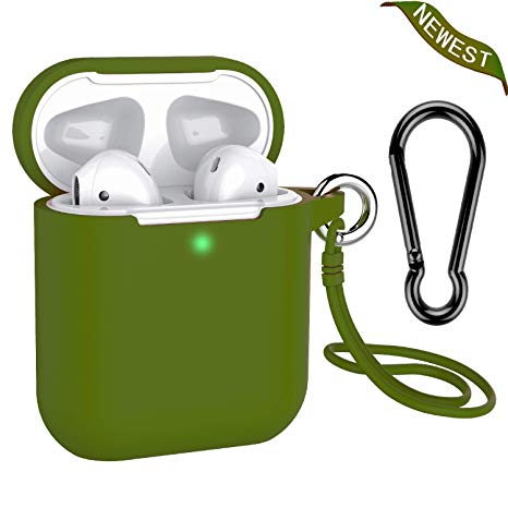 Airpods Case, Music tracker Protective Thicken Airpods Cover Soft Silicone Chargeable Headphone Case with Anti-Lost Carabiner for Apple Airpods 1&2 Charging Case (Airpods 2, Olive-Green)