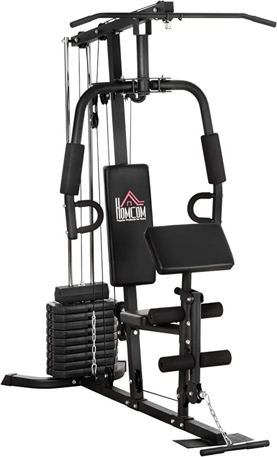 HOMCOM Station de Musculation Fitness avec 9 Blocs de Poids de 5 kg Entrainement Complet - dim.180L x 108l x 200H cm