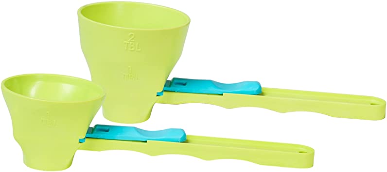 Slide Scoop the original measuring scoop   funnel No spill preparation of protein powder, workout & sports drinks, baby formula & kcup refill Mess & Spill free - (Set of 1 & 2 Tablespoon)
