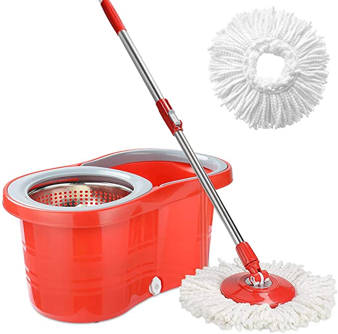 LIVINGbasics Spin Mop Bucket System, Detachable Spinning Basket & Easy Wring 360° Magic Mop, Swivel Wet and Dry Mop(Red)