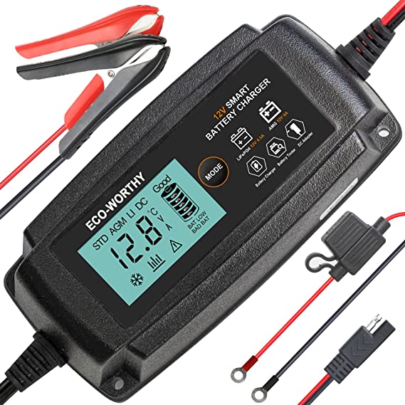 ECO-WORTHY 5Amp 12V Automatic Smart Battery Charger and Maintainer with LCD Display for Lead Acid and Lithium (LiFePO4) Battery