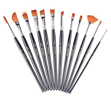 heartybay Paint Brush Set Round Pointed Tip Nylon Hair artist acrylic brush Watercolor Oil Painting (black 12pcs)