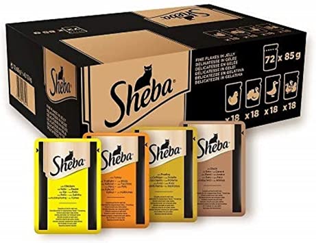 Sheba Fine Flakes in Jelly, Poultry Collection, Wet Cat Food Pouches for Adult Cats, 72 x 85 g Pack