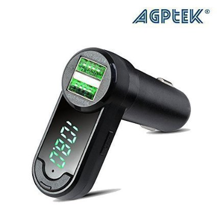 AGPtek® Wireless Car Bluetooth FM Transmitter, Dual Port USB Car Charger(2.1A/1A), Green LED Display/One key Operation, Car Mp3 Player/Bluetooth Handsfree Car Kit for Smartphones,iPhone,Samsung...