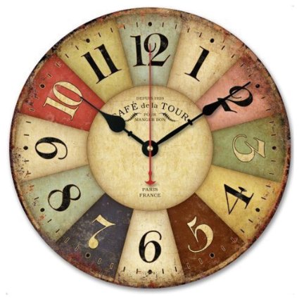 Wood Wall Clock, NALAKUVARA Vintage Colorful France Paris French Country Tuscan Retro Style Arabic Numerals Design Non -Ticking Silent Quiet Wooden Clock Gift Home Decorative for Room, 12-Inches