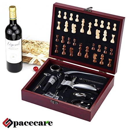 SPACECARE Wine Opener Kit with Chess,Red Wine Beer Bottle Opener Wing Corkscrew,Aerator, Thermometer, Stopper, and Accessories Set with Dark Cherry Wood Case - 10 Piece