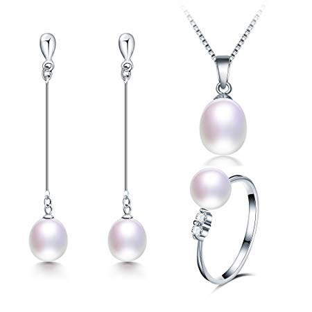 Deluxe Jewelry Set for Women by Diamovi – 100% Natural Freshwater Pearl Necklace, Earrings & Ring – 925 Sterling Silver W/Unique Design – 45 cm Chain W/ 8-9 MM Pearl – Available in (White)