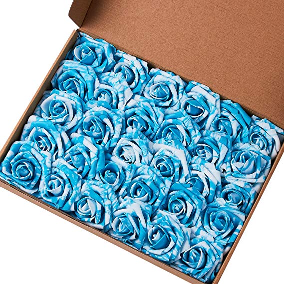 Marry Acting Artificial Flower Rose, 30pcs Real Touch Artificial Roses for DIY Bouquets Wedding Party Baby Shower Home Decor (30pcs Blue White)