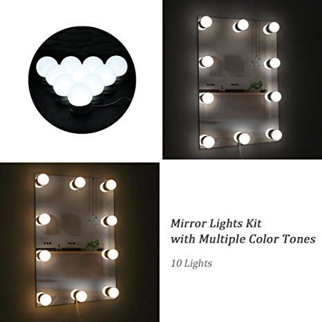 WanEway Hollywood Mirror Light Kit with Multiple Color Tones for Makeup Dressing Table, Plug in LED Vanity Lighting Strip with Quality Adhesive for DIY Lighted Mirror, 10 Lights, Mirror Not Included