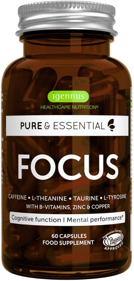 Pure & Essential Focus - Brain Booster Supplement with Caffeine, L-Theanine, Taurine & L-Tyrosine,   B-Vitamins, Zinc & Copper, Enhance Cognitive Function & Mental Energy - 60 caps