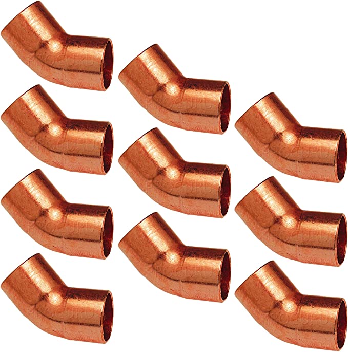PROCURU 10-Pack 1/2-Inch Copper 45-Degree Elbow CxC Sweat Ends, Certified Safe (CW4T0012-10P)
