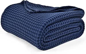 PHF 480GSM 100% Washed Cotton Waffle Weave Blanket, Cozy Breathable Skin-Friendly Throw Queen Size for All Season, Luxury Fall Layer Bedspread for Couch Bed, Elegant Home Decor, Navy Blue,90"x90"