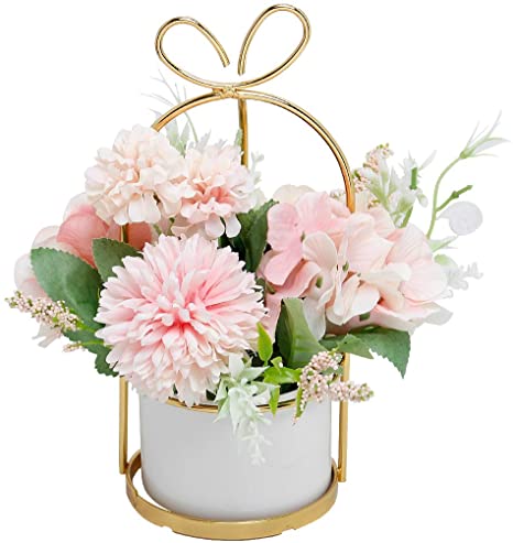 Veryhome Artificial Flowers Hydrangea with Ceramic Vase Silk Chrysanthemum Mini Potted Fake Flowers Hanging Potted Plants for Wedding Home Office Decoration Pack of One (Pink)