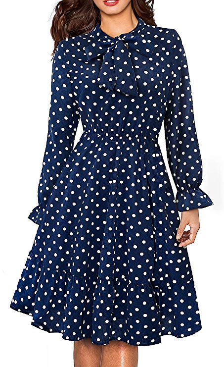 HOMEYEE Women's Long Sleeve Casual Polka Dot Aline Swing Dress A130