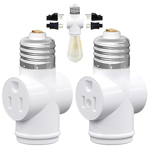 2 Pack, Light Socket to Plug Adapter, Convert E26 Light Socket to 3-Prong Outlet Adapter and Light Bulb Socket (White)