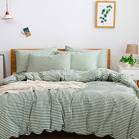 JELLYMONI 100% Natural Cotton 3pcs Striped Duvet Cover Sets,White Duvet Cover with Green Stripes Pattern Printed Comforter Cover,with Zipper Closure & Corner Ties(Full Size)