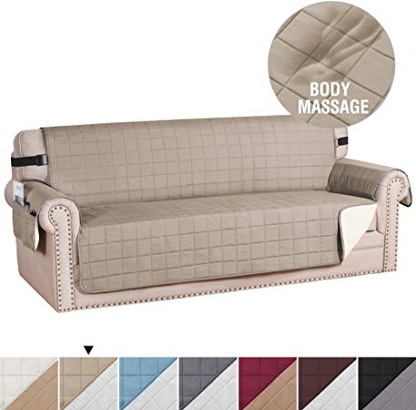 H.VERSAILTEX Reversible Foam Quilted Furniture Protector with Side Pockets 2" Straps Seat Width Up to 78" Covers for Dogs Soft and Water-Repellent Sofa Slipcover (Sofa X-Large: Taupe/Beige)