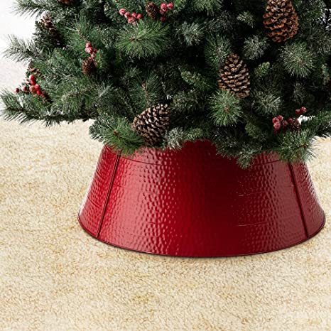 Glitzhome Hammered Metal Christmas Tree Collar Decorations, 26-Inch Diameter Base, Red