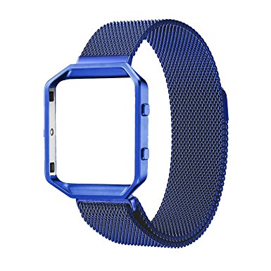 Fitbit Blaze Accessory Band,Large(6.3-9.1 in),Oitom Frame Housing Milanese loop stainless steel Bracelet Strap (Blue Frame Loop)