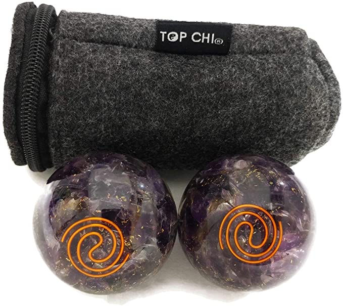 Top Chi Amethyst Orgonite Baoding Balls with Carry Pouch for Hand Therapy, Exercise, and Stress Relief (Medium 1.6 Inch)