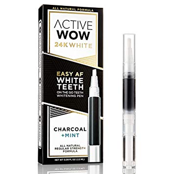 Active Wow 24K White Easy AF Charcoal Teeth Whitening Pen with Mint Oil - Organic Charcoal On The Go Whitening - For Sensitive Teeth and Gums