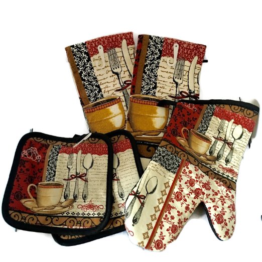 Kitchen Towel Set 5 Piece Coffee Theme Design That Includes 2 Dish Towels 2 Pot Holders and 1 Oven Mitt
