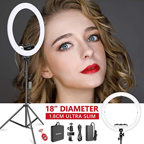 Neewer Ring Light Kit [Upgraded Version-1.8cm Ultra Slim]-18 inches,3200-5600K,Dimmable LED Ring Light with Light Stand, Phone Clip,Hot Shoe Adapter for Portrait Makeup Video Shooting