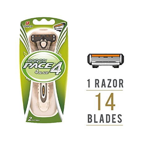 Dorco Pace 4 Manual Razor for Men: Four-Blade Technology – Pivoting Head for Maximum Coverage – Lubrication Strip with Chamomile – Sensitive Shaving System 14 Blades   1 Handle
