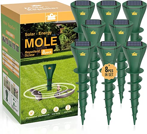 Mole Repellent Screw for Lawns, Mole Traps Solar Powered Outdoor Gopher Deterrent, Quiet Design Vole Killer Get Rid of Snake Armadillo Groundhog - IP65 Waterproof (Green 8pack)