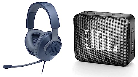 JBL Quantum 100, Wired Over Ear Gaming Headphones with mic for PC, Mobile & Go 2, Wireless Portable Bluetooth Speaker with Mic, Vibrant Color Options with IPX7 Waterproof & AUX (Black)