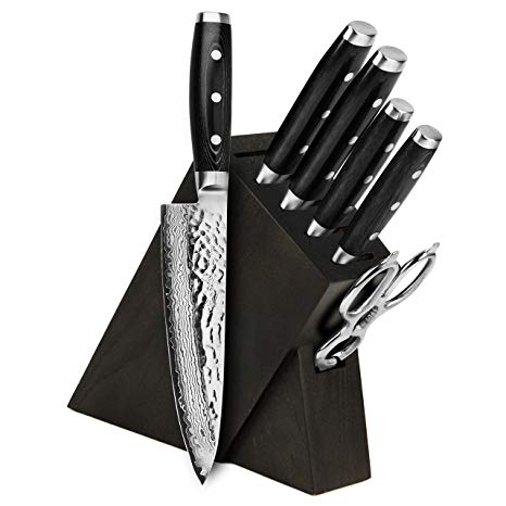 Enso Knife Set - Made in Japan - HD Series - VG10 Hammered Damascus Japanese Stainless Steel with Slim Knife Block - 7 Piece