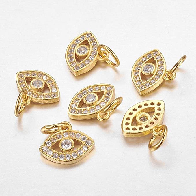 Airssory 10 Pcs Brass Golden Plated Micro Pave Cubic Zirconia CZ Stone Eye Tiny Charms in Bulk for Jewellery Making DIY Findings - 9x11mm