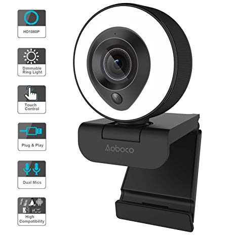 Aoboco Pro Stream Webcam 1080P HD with Dual Mics & Dimmable Ring Light, PC Webcam Conference Game Video Web Camera for Computer Monitor Laptop Desktop Xbox Skype OBS Twitch YouTube Xsplit