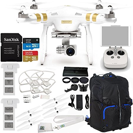 DJI Phantom 3 Professional Quadcopter w/ 4K Camera, 3-Axis Gimbal & Manufacturer Accessories   DJI Battery   Backpack for DJI Phantom Drones   7PC Filter Kit (UV-CPL-ND2-400-Hood-Stabilizer)   MORE