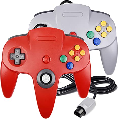 2 Pack N64 Controller, iNNEXT Classic Wired N64 64-bit Gamepad Joystick for Ultra 64 Video Game Console (Red/Grey)