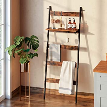 Rolanstar Ladder Shelf for Blanket, Wall-Leaning Blanket Rack with an Adjustable Shelf and 4 Hanging Hooks, 5-Tier Farmhouse Leaning Shelf for Bathroom, Living Room,Rustic Brown