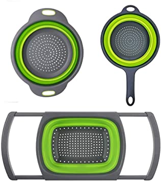 3-Packs Silicone Kitchen Foldable Colander Set - 6-Quart Over The Sink Collander   4-Quart Veggies Basket Strainers and Colanders   2-Quart Pasta Strainer With Handle (Green)