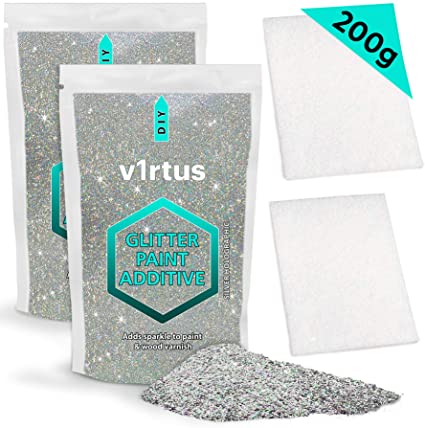 v1rtus Silver Holographic Glitter Paint Additive [200g] New 2019 - 2 x Buffing Pads Included - Mix with Any Emulsion Paint for Perfect Luminous Finish on Interior or Exterior Walls, Ceilings, and Wood