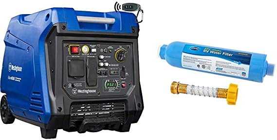 Westinghouse iGen4500 Super Quiet Portable Inverter Generator 3700 Rated & 4500 Peak Watts, Gas Powered, Electric Start & Camco 40043 TastePure RV/Marine Water Filter with Flexible Hose Protector