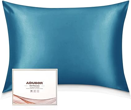 Adubor Mulberry Silk Pillowcase for Hair and Skin with Hidden Zipper, Both Side 23 Momme Silk, 900 Thread Count, (20x30inch, Queen Size, Peacock Blue, 1pc)